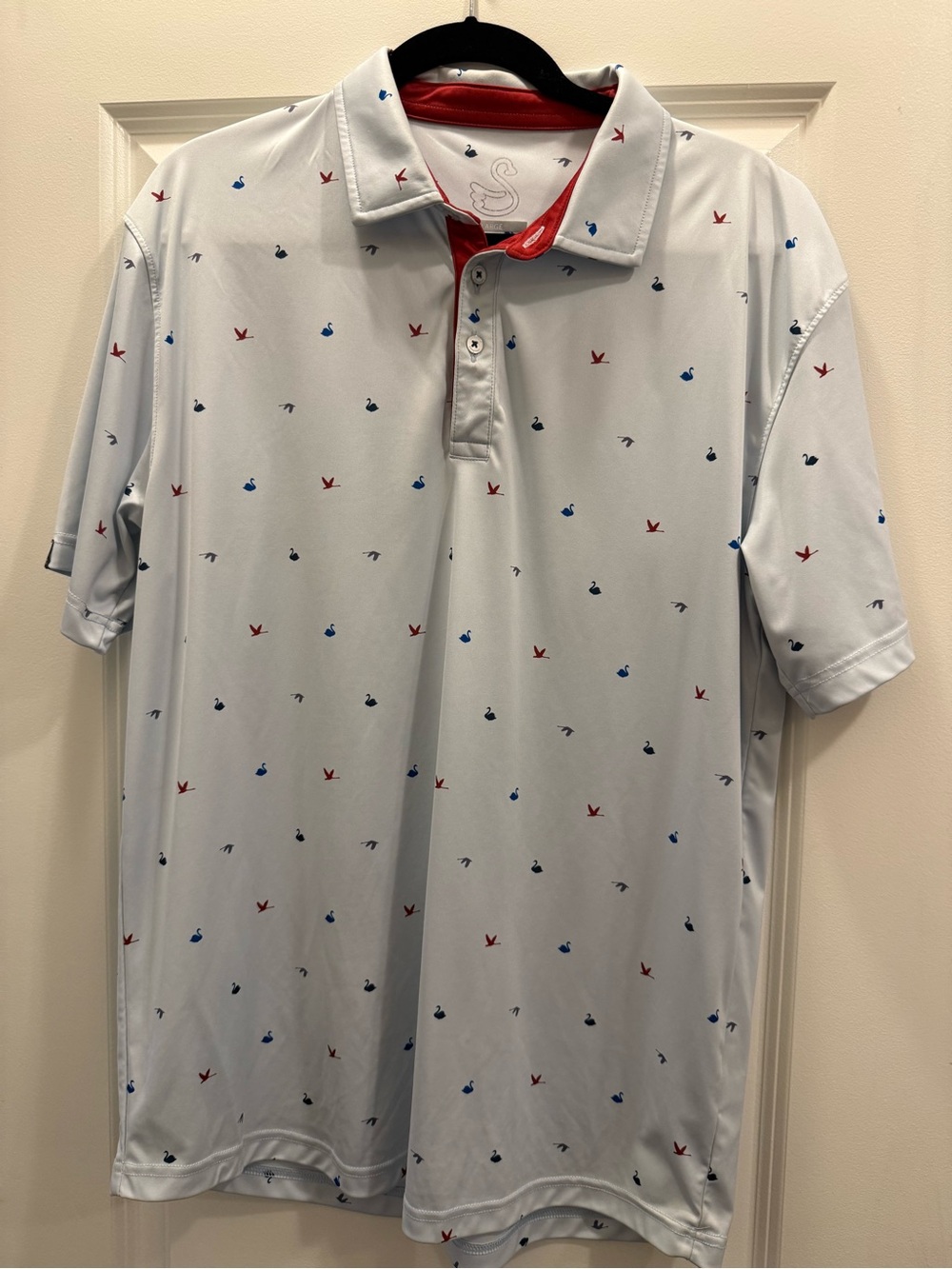 Swannie Light Blue Polo with Red & Blue Micro Bird Print